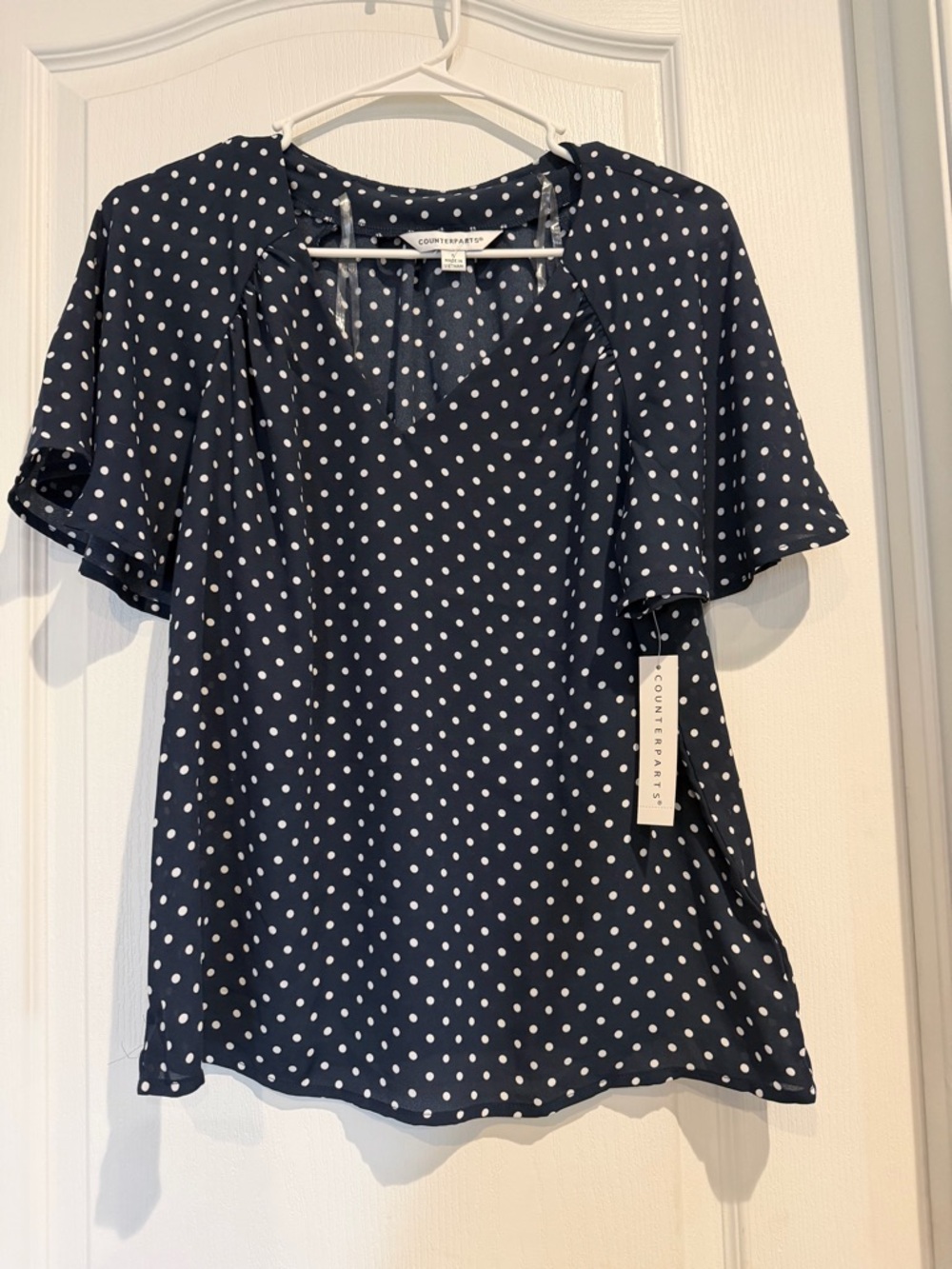 NWT Counterparts Navy and White Polka Dot Flutter Sleeve Blouse